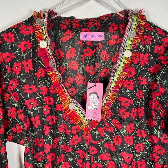 NEW! Dolly's D-Lite Custom Long Sleeve V Neck Micro Mini Dress L Floral Fringe - Picture 4 of 12